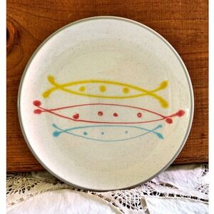 Harkerware Olympic Stone China Plate MCM Atomic Yellow Pink Blue 7.5 Vintage
